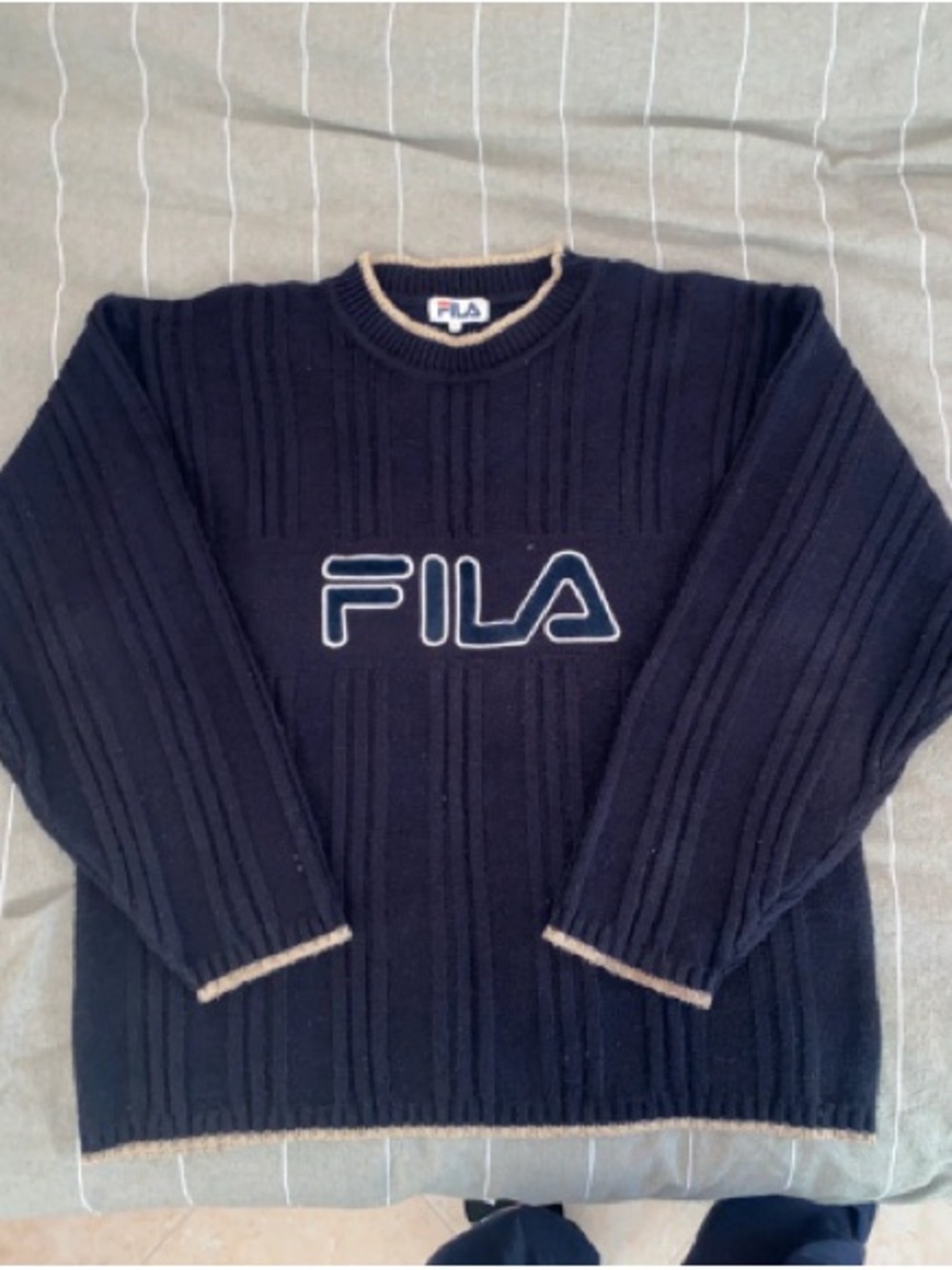 FILA Navy Ribbed Crewneck Sweater with Contrast Trim & Suede Lettering